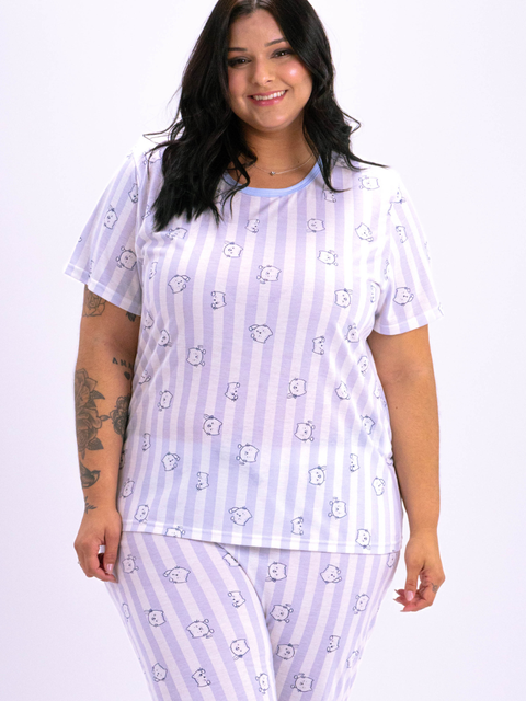 Pijama Feminino Plus Size Capri - Gatinhos Azul