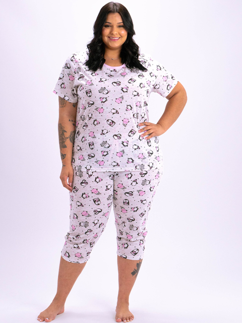 Pijama Feminino Plus Size Capri - Pinguins
