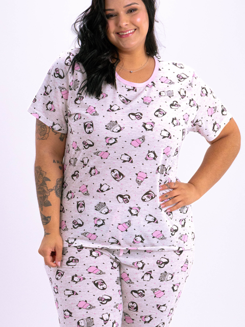 Pijama Feminino Plus Size Capri - Pinguins