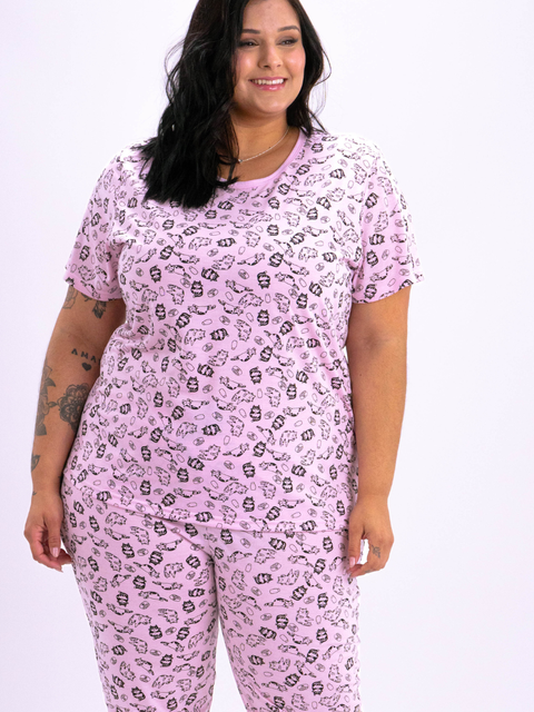 Pijama Feminino Plus Size Capri - Gatos Rosa