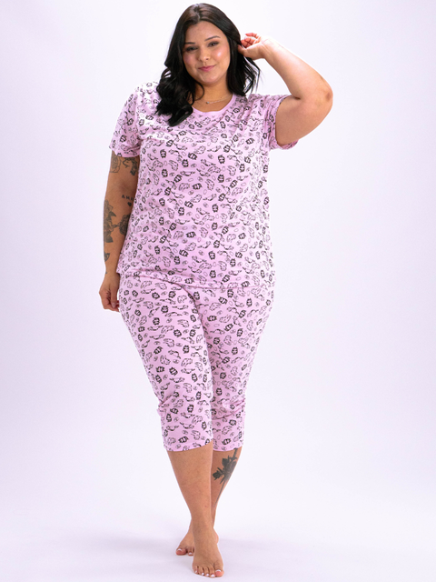 Pijama Feminino Plus Size Capri - Gatos Rosa