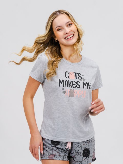 Pijama Feminino de Verão - Gatos me Deixam Feliz