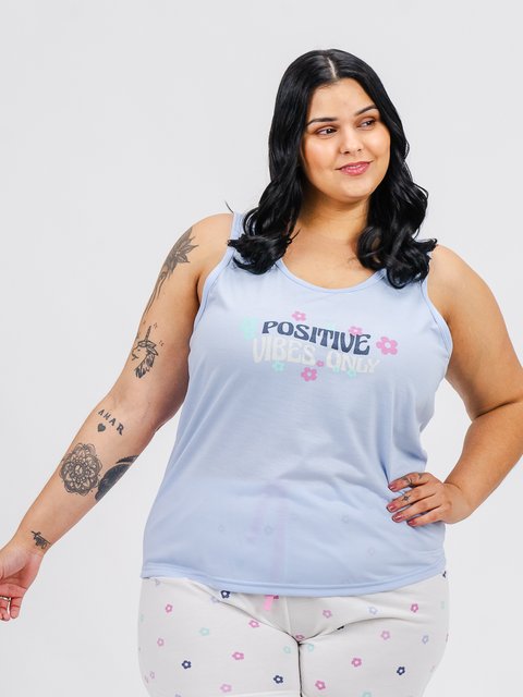 Pijama Feminino Plus Size Regata - Positive Vibes Only 