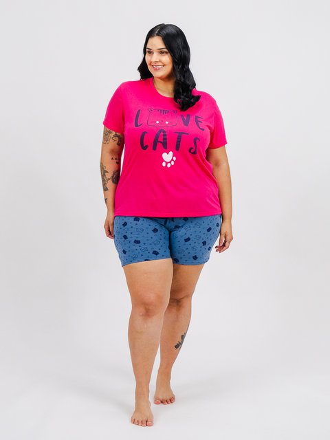 Pijama Feminino Plus Size de Verão - Love Cats 
