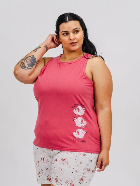 Pijama Feminino Plus Size Regata - Contando Carneirinhos