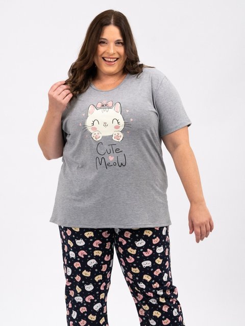 Pijama Feminino Plus Size Capri - Cute Meow