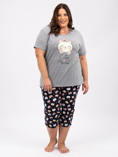 Pijama Feminino Plus Size Capri - Cute Meow