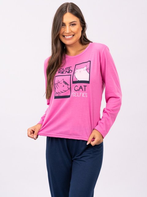 Pijama Feminino Plus Size de Inverno - Cat Selfie