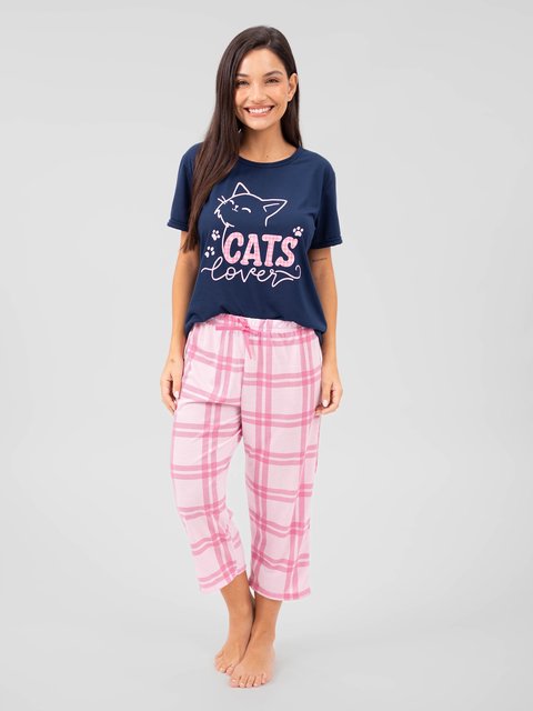 Pijama Feminino Capri  - Gatinho Xadrez Rosa