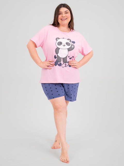 Pijama Feminino Plus Size de Verão - Panda com Coração