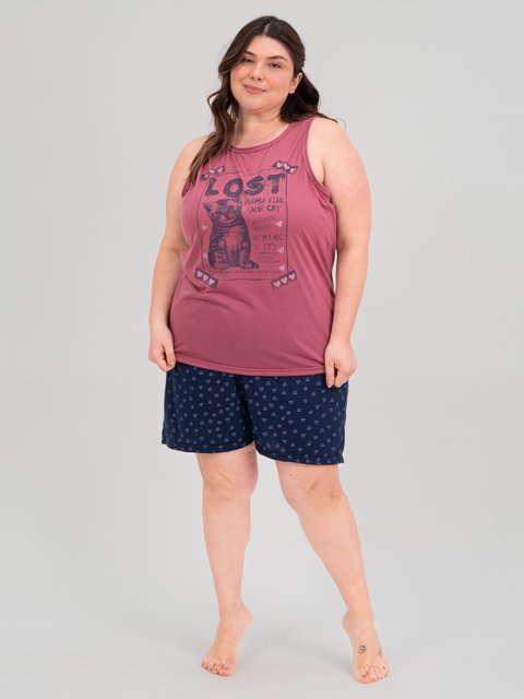 Pijama Feminino Regata Plus Size - Gato Delicado