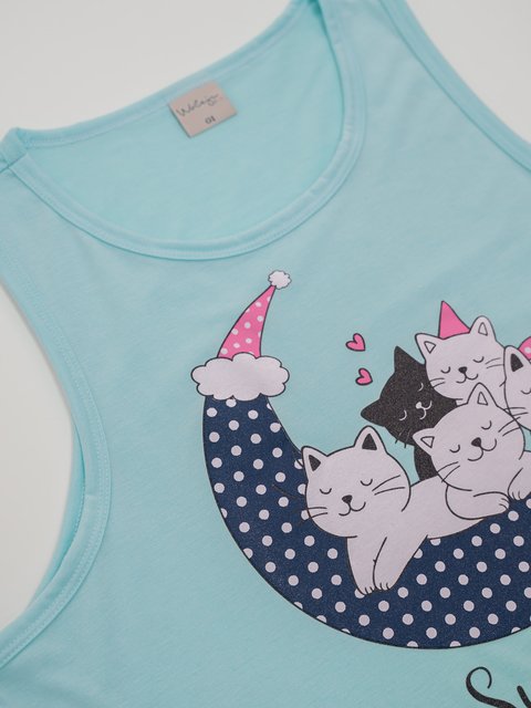 Pijama Feminino Regata Plus Size de Verão - Gatos Dorminhocos