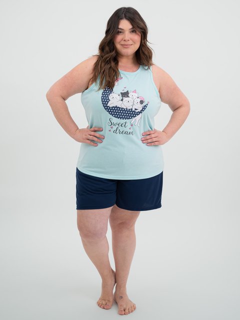Pijama Feminino Regata Plus Size de Verão - Gatos Dorminhocos