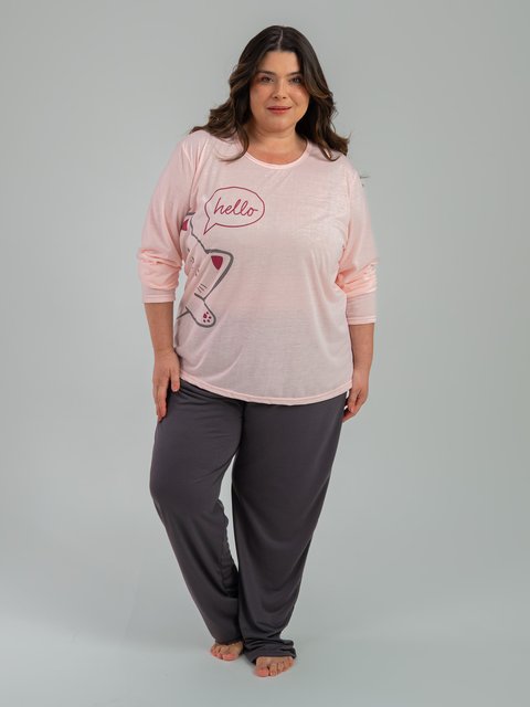 Pijama Feminino Plus Size de Inverno - Oi Gatinho