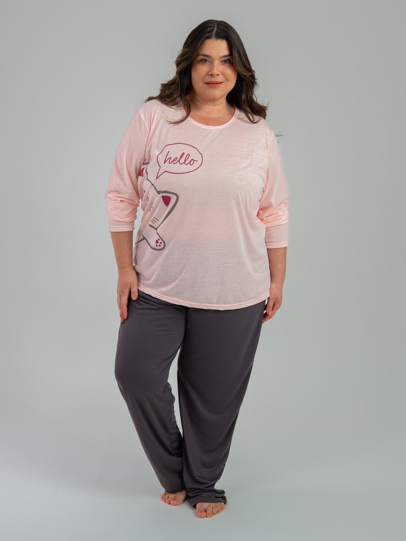 Pijama Feminino Plus Size de Inverno - Oi Gatinho