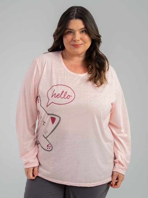 Pijama Feminino Plus Size de Inverno - Oi Gatinho