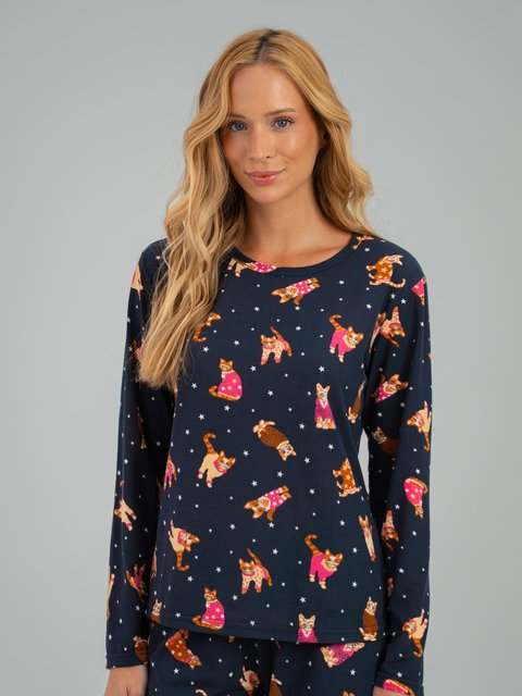Pijama Feminino de Inverno Microfibra Peletizado - Gato Estelar