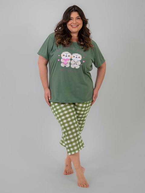 Pijama Feminino Plus Size Capri - Sloth Family