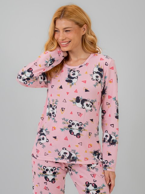 Pijama Feminino de Inverno Microfibra Peletizado - Panda Rosa