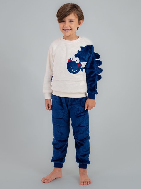Pijama Infantil Menino Fleece Peluciado - Dino Azul Marinho 