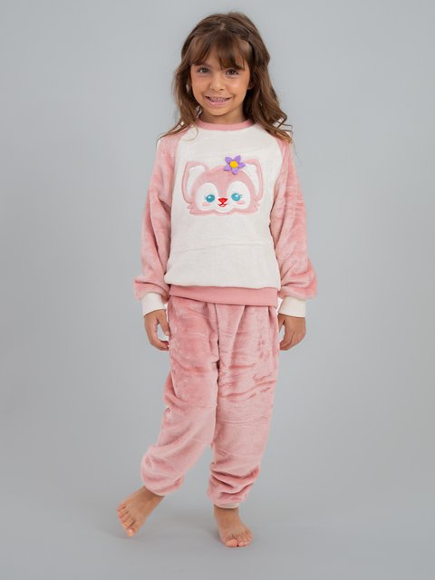Pijama Infantil Menina Fleece Peluciado - Gatinho Rosa Off