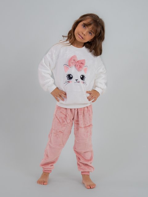 Pijama Infantil Menina Fleece Peluciado - Gato de Lacinho