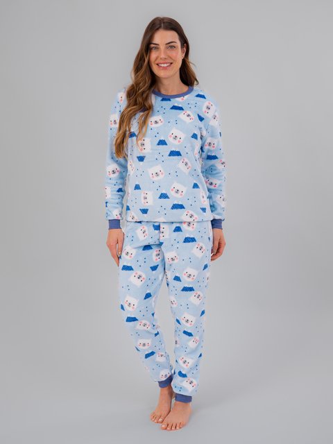 Pijama Feminino Longo Fleece Peluciado - Gatinho Branco