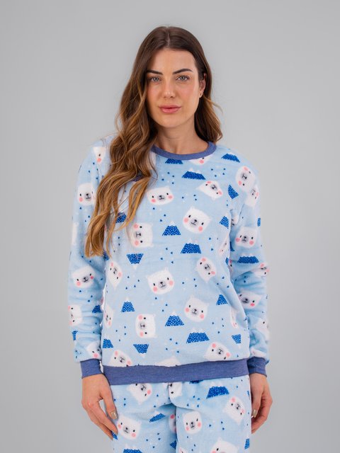 Pijama Feminino Longo Fleece Peluciado - Gatinho Branco